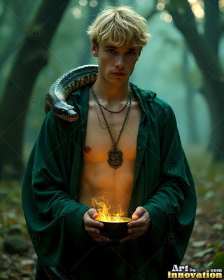 Holding a flaming bowl, a blond man clothed in a long green robe carries a snake on his shoulder