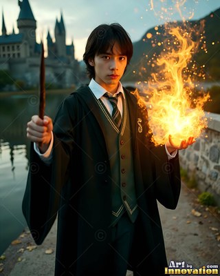 A young man in a dark green robe holds a wand and fire near a lake castle