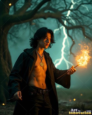 Wearing an open black robe in a stormy forest, a shirtless man holds a burning wand