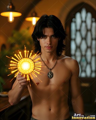 A shirtless man holds a bright yellow spark in his hand under warm indoor light
