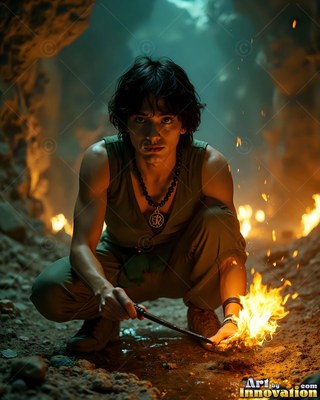 Crouching in a rocky cave, a young man holds a wand tipped with fire