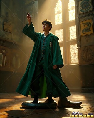 A young man in green robes stands on a coiled snake holding a wand