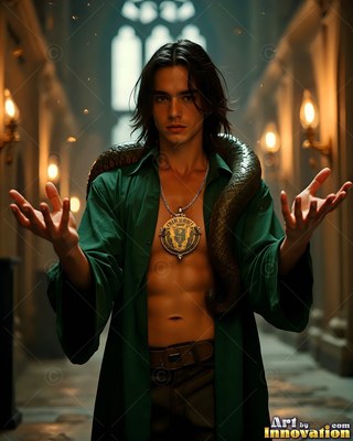 In a stone hallway, a man in an open loose green robe holds a snake over his shoulder