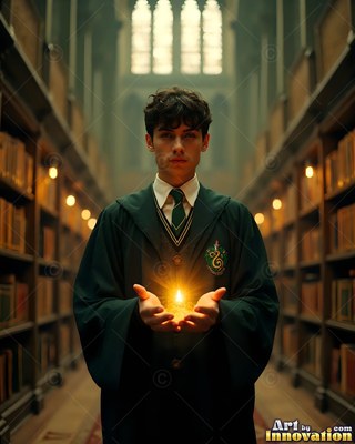 Cupping bright yellow light in his hands, a young man stands in a dark library aisle