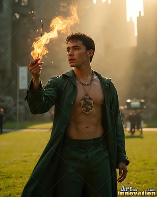 A shirtless man in a green coat holds a flaming wand outdoors