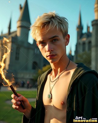 Blond hair ruffled, a shirtless young man holds a flaming wand outside a castle courtyard