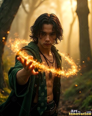 A young man casts sparkling sparks in a misty forest filled with warm golden light