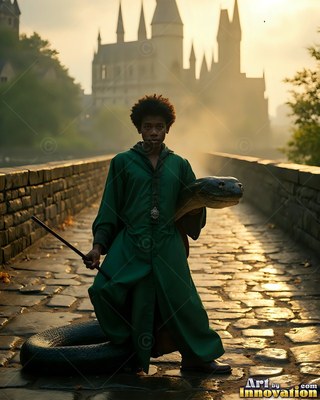 Standing on a stone bridge, a man with a green robe holds a large snake before a castle