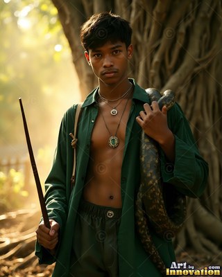 A young man with an unfastened green shirt holds a wand and a snake by a tree