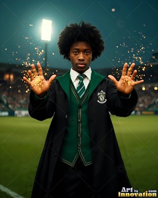 On a sports field at night, a young man in green robes holds up hands with gold sparks