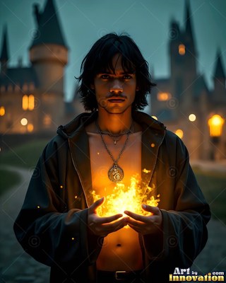 Holding fire in his hands, a dark-haired man wearing an unbuttoned robe stands outside a castle