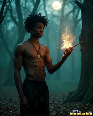 Man with no shirt holding a wand with fire in dark woods