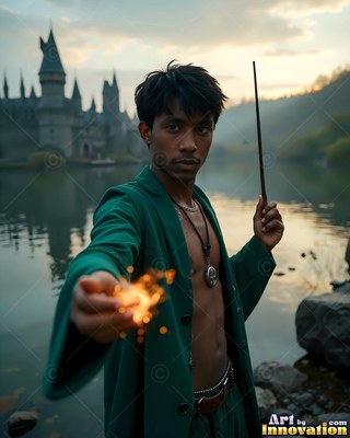 Open green robe on a young man holding a wand by a lake with a castle behind him