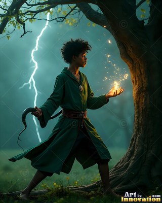 A young man in a green robe holds yellow sparks by a tree as white lightning strikes