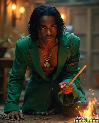 Kneeling on a stone floor, a young Black man with a green jacket holds a wand near a fire