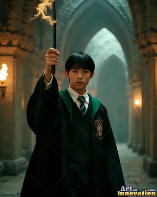 A young man clothed in a green-trimmed robe holds up a smoking wand in a stone hallway