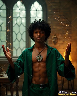 In a stone room, a shirtless man wearing an unfastened green robe raises hands with sparks