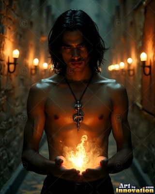 Holding fire in cupped hands, a bare-chested man stands in a dark stone hallway