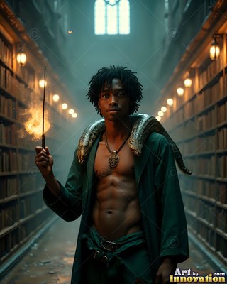 A bare-chested man holding a lit wand with a snake on his neck in a library