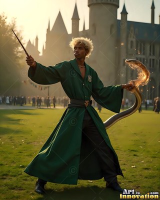 Dressed in a long green gown, a young man raises a wand near a castle lawn