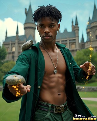 A young man with snakes on his arms casts yellow sparks before a castle