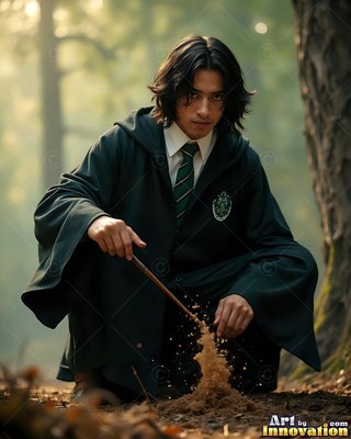 Crouching in the woods, a young man in dark green robes points a wand at dirt
