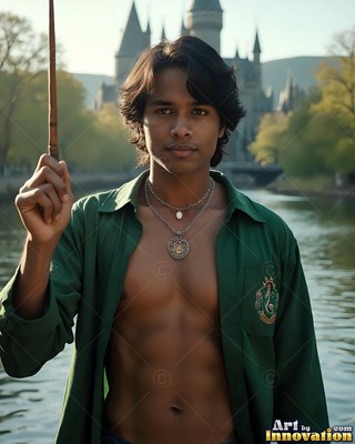 A man with an unfastened green shirt holds a wand near a lake by a castle