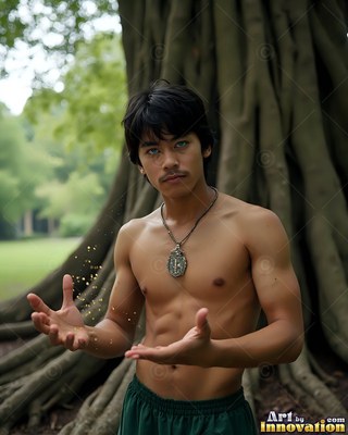 In front of a large tree, a man with a bare chest holds open hands as yellow sparks float up