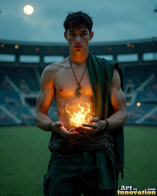 Holding fire in his hands, a bare-chested young guy stands on a stadium field at night