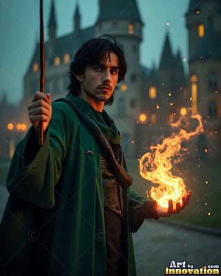 A man clothed in a loose green robe holds fire in his hand by a castle