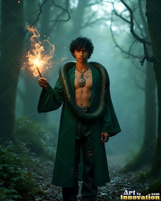 Wearing an unbuttoned green robe in a foggy forest, a man holds a flaming wand with a snake on his neck