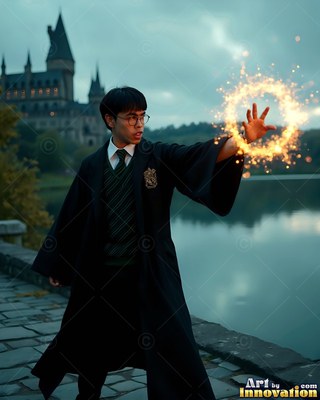 A young man casts a ring of bright yellow sparks near a calm lake by a castle