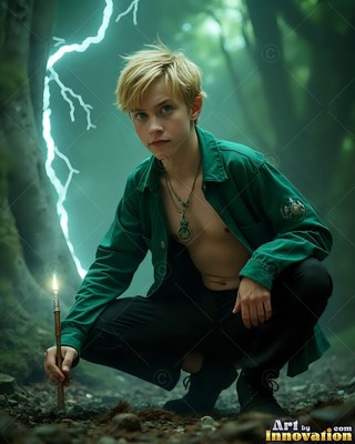 Crouching in dark woods, a blond young man grasps a lit wand in green clothes