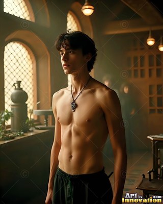 A shirtless young man in dark pants stands near a window in a stone room