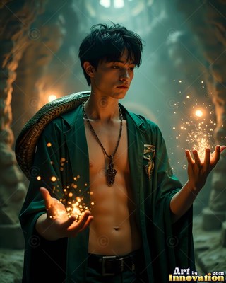 In a stone hall, a bare-chested young man in a green robe holds sparks with a snake on his neck