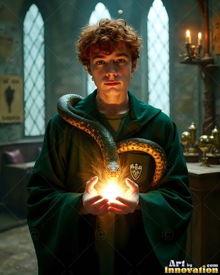 Holding bright light in his hands, a young man wears a deep green robe with a snake on his neck