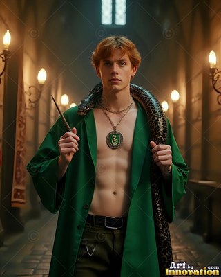Young man dressed in an open deep green robe holding a wand with a snake on his neck