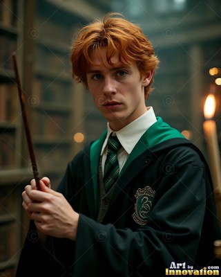 Red hair falling over his forehead, a young man cradles a wand in a dim library room