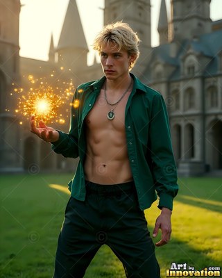 A blond man summons golden sparks above his open palm outside a castle courtyard