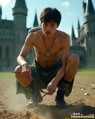 Crouching in a castle courtyard, a bare-chested young man carries thin sticks