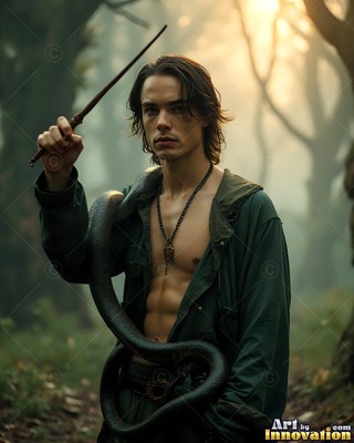 A young man in an open long green robe holds a wand with a snake coiled on his body
