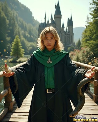 On a wooden bridge before a castle, a blond man in green robes holds a dark snake