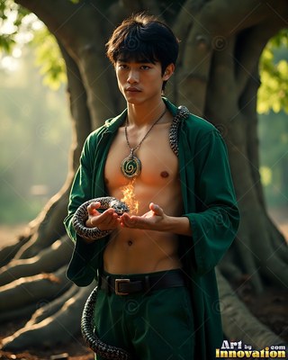 Holding flame and a snake, an open-shirted man stands by forest trees
