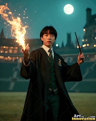 Young man in a black robe casting fire from his hand under the moon
