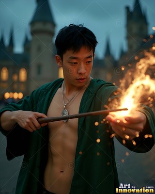 Wearing a parted green robe, an Asian man casts fire sparks from a wooden wand outside a castle courtyard