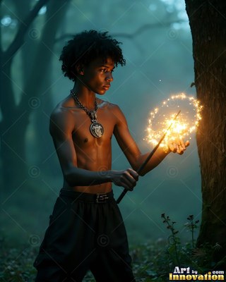 A bare-chested young man holds a staff making bright yellow sparks in a dim forest