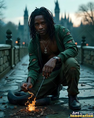 Crouching on a stone bridge, a man in green clothes tends a small fire near a dark snake