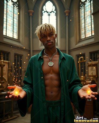 A man wearing a loose green robe holds sparks in his palms inside a castle hall