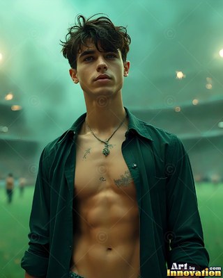 In a foggy green stadium, a bare-chested young man stands in an open dark green shirt