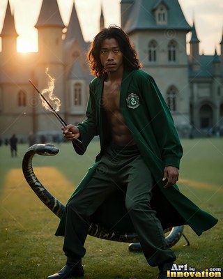 Holding a smoking wand, a bare-chested man with a deep green robe stands near a snake outside a castle